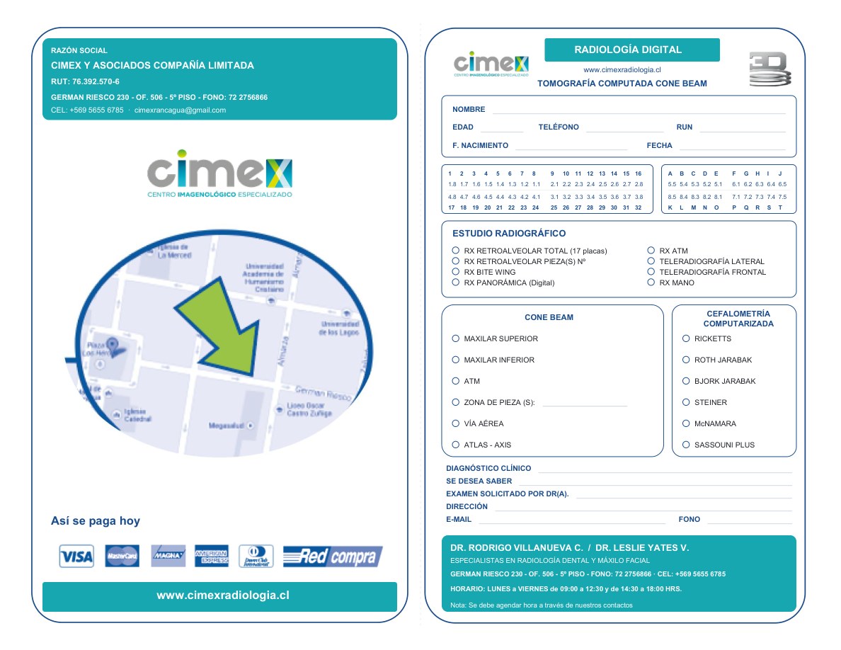 Orden de examen radiológico de Cimex Rancagua: el formulario en blanco que se descarga en PDF para completar a mano.